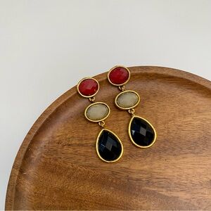 3/$20 Antique Gold Brass Black Red Beige Glass Dangling Earrings